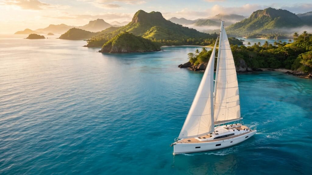 A white sailboat glides across turquoise water near green islands.