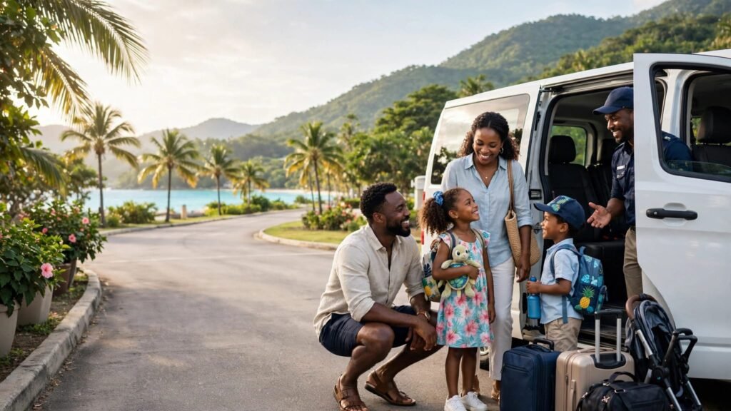 A family with luggage beside a private van at a tropical Caribbean airport.