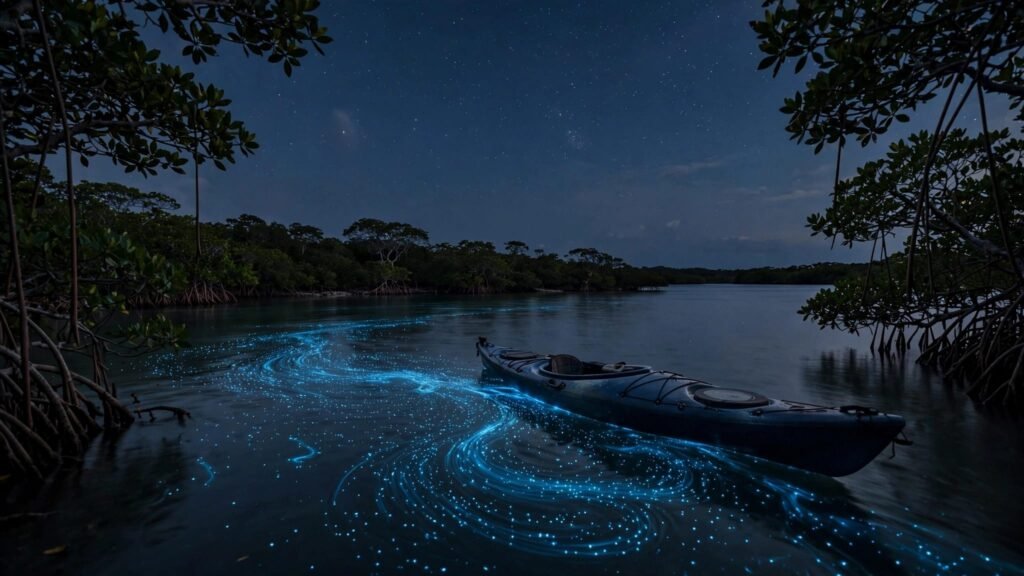 A kayak leaves a glowing blue trail across a dark bay beneath the stars.