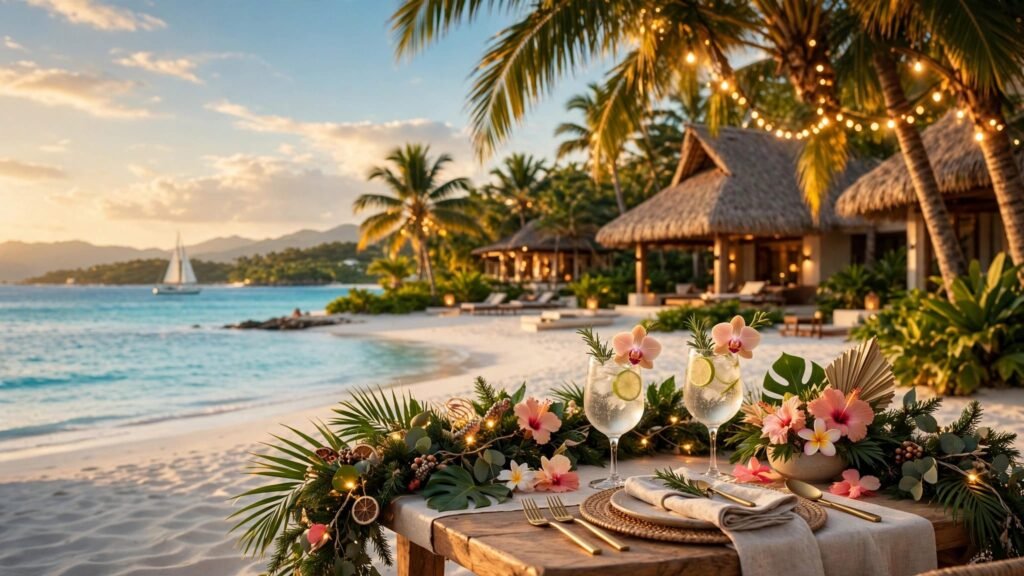 A decorated beachfront table overlooks turquoise Caribbean water at sunset.