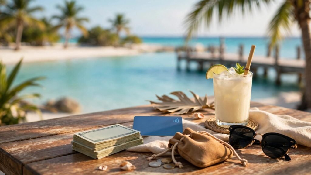 US dollar bills, a blue card, coin pouch, sunglasses, and a tropical drink on a beachside café table.