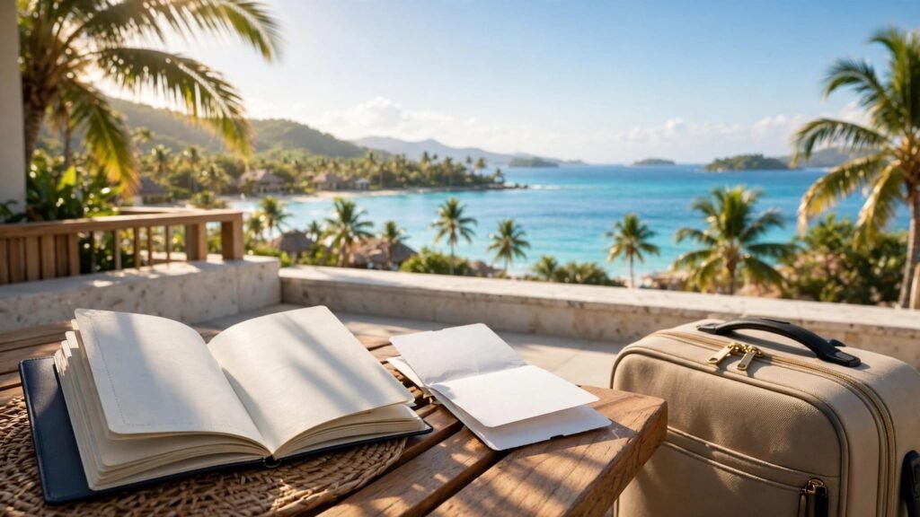 An open passport, boarding pass, and carry-on bag overlook a sunny Caribbean coastline.