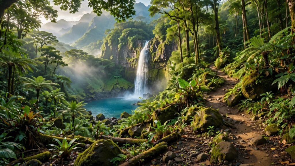 A rainforest path leads to a turquoise waterfall beneath lush green trees.