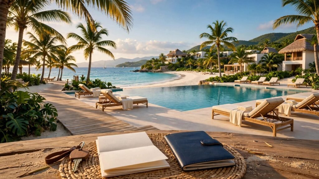 A resort pool overlooks the beach, with a reservation document, passport, and room key in front.