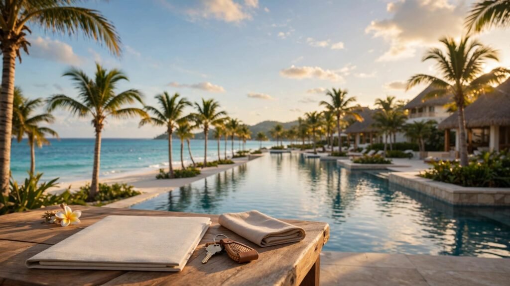 A resort key and blank folio overlook a pool and turquoise Caribbean water.