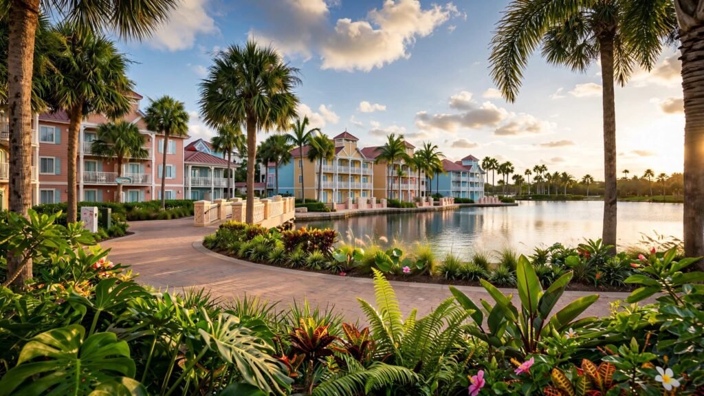 A tropical path leads past palm trees toward pastel resort buildings beside a lagoon.