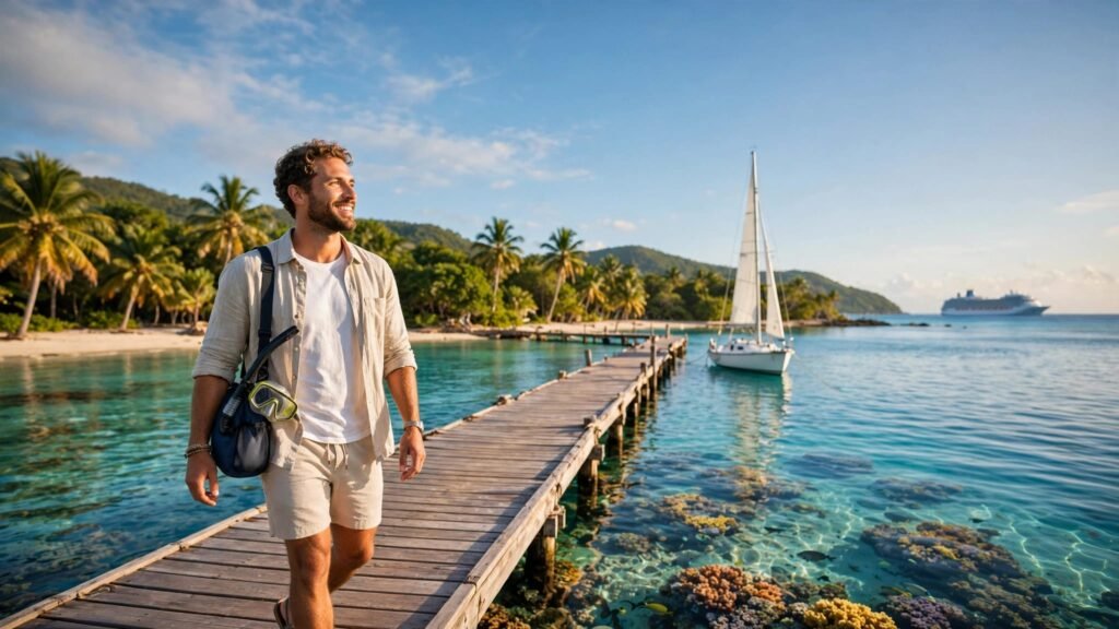 Traveler with a snorkel bag walks toward a sailboat on a sunny Caribbean pier.