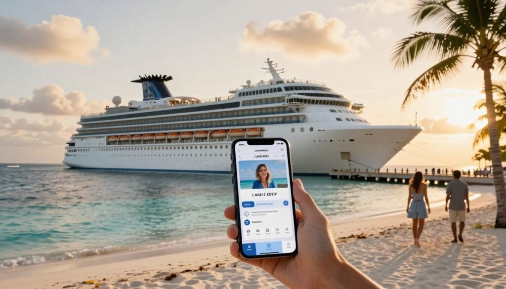 A phone displaying a rewards app overlooks a cruise ship in a tropical port.