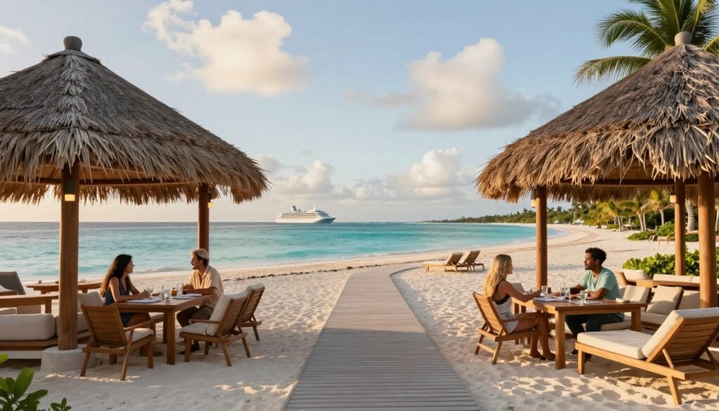 A thatched beach pavilion overlooks turquoise water, white sand, and a cruise ship offshore.