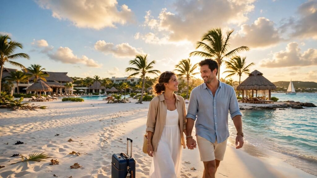 A couple walks toward a Caribbean resort with luggage along a sunny beach.