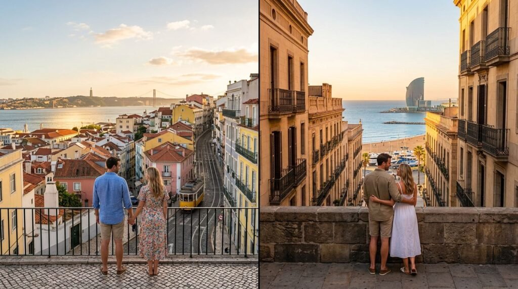 Two couples explore Lisbon and Barcelona in a split-screen travel scene.