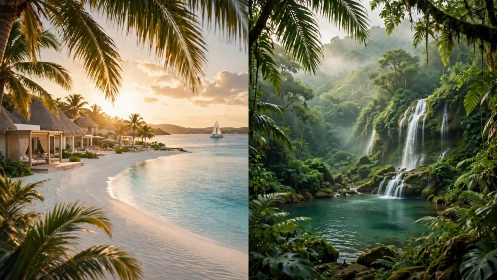 Split view of Montego Bay beach and an Ocho Rios waterfall landscape.