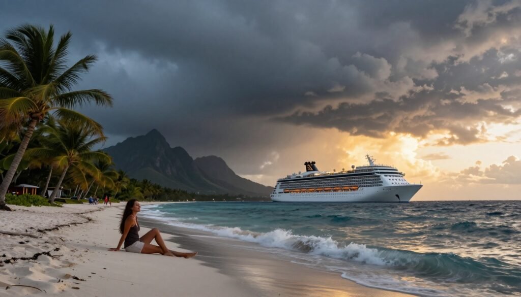 A cruise ship waits offshore as storm clouds gather over rough water and windblown palms.