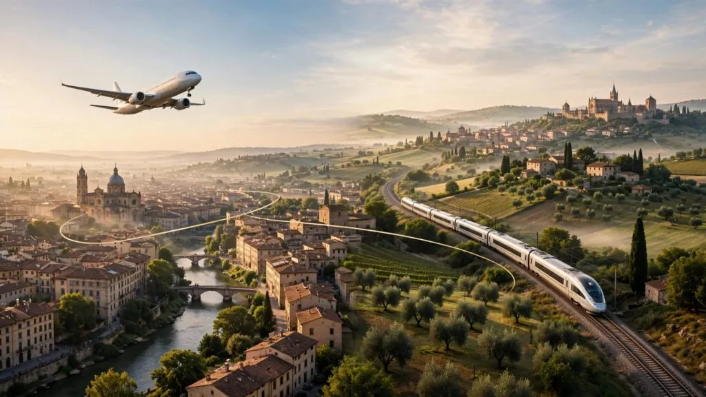 An airplane and high-speed train connect two European cities.