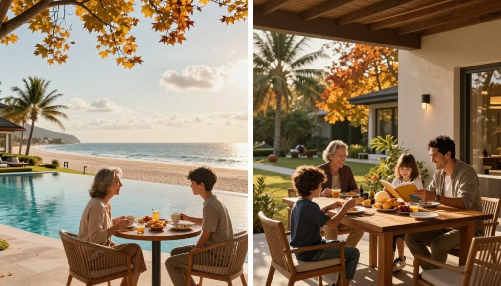 A grandmother and grandson enjoy a resort balcony beside a villa scene with a father and child.