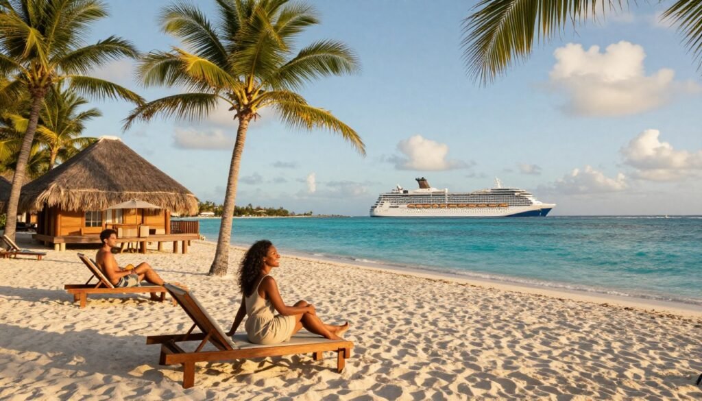 A palm-lined Caribbean beach resort overlooks turquoise water and a distant cruise ship.