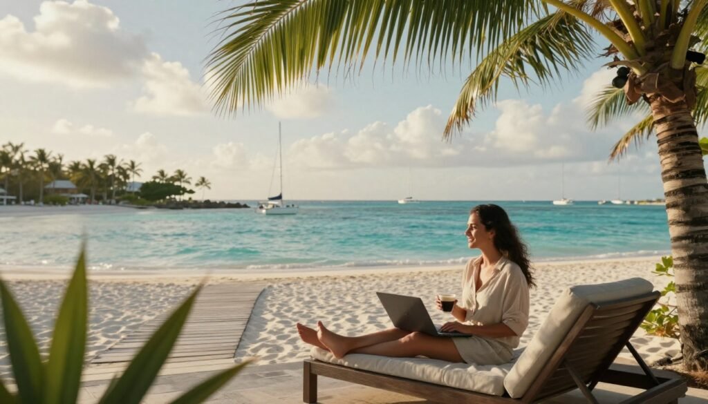 A woman with coffee relaxes on a terrace above a turquoise Caribbean bay.