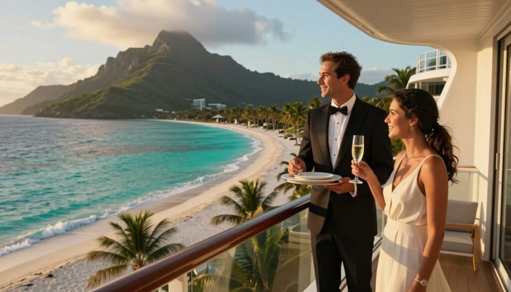A couple enjoys champagne as a butler serves them on a cruise balcony at sunset.