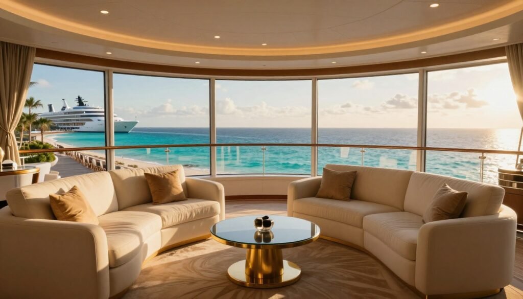 A luxury ship lounge with cream sofas overlooking the turquoise Mediterranean Sea.