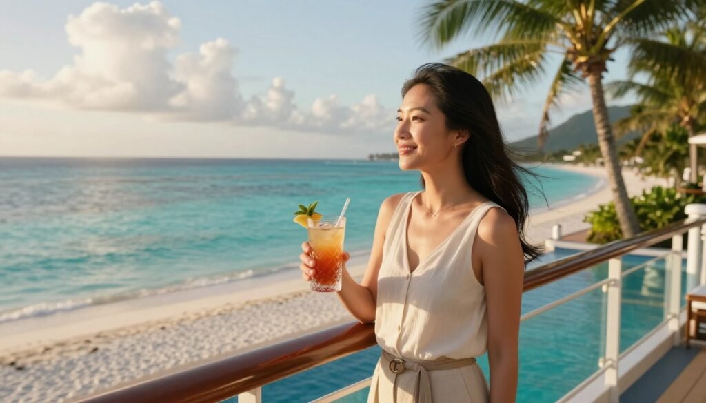 Traveler holding a garnished mocktail on a sunny cruise ship deck.