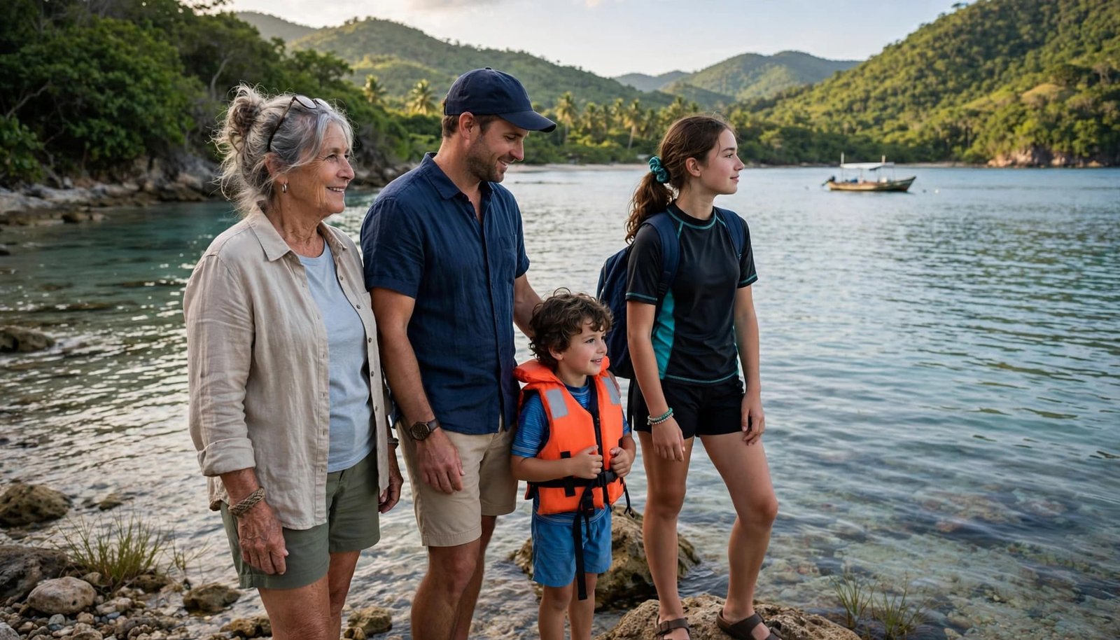 Four family members stand beside calm turquoise water with green hills and a small boat behind them.
