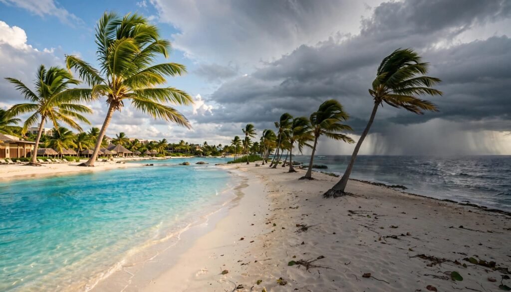 Empty Grace Bay beach with turquoise water, bending palms, and rain clouds offshore.