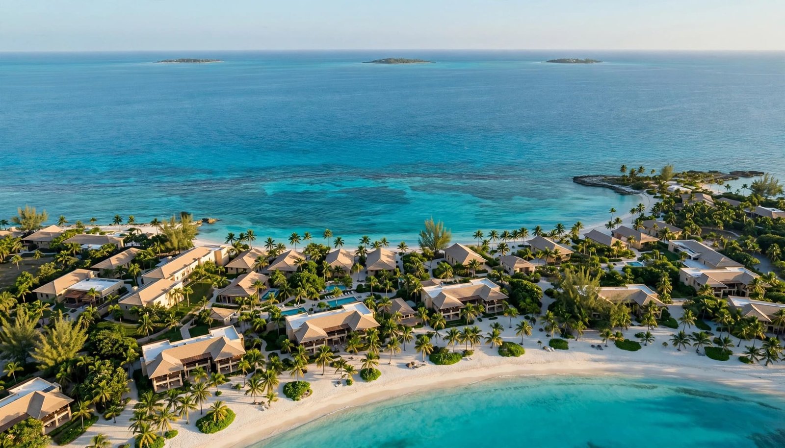 A beachfront resort with palm trees, white sand, turquoise water, and distant islands.