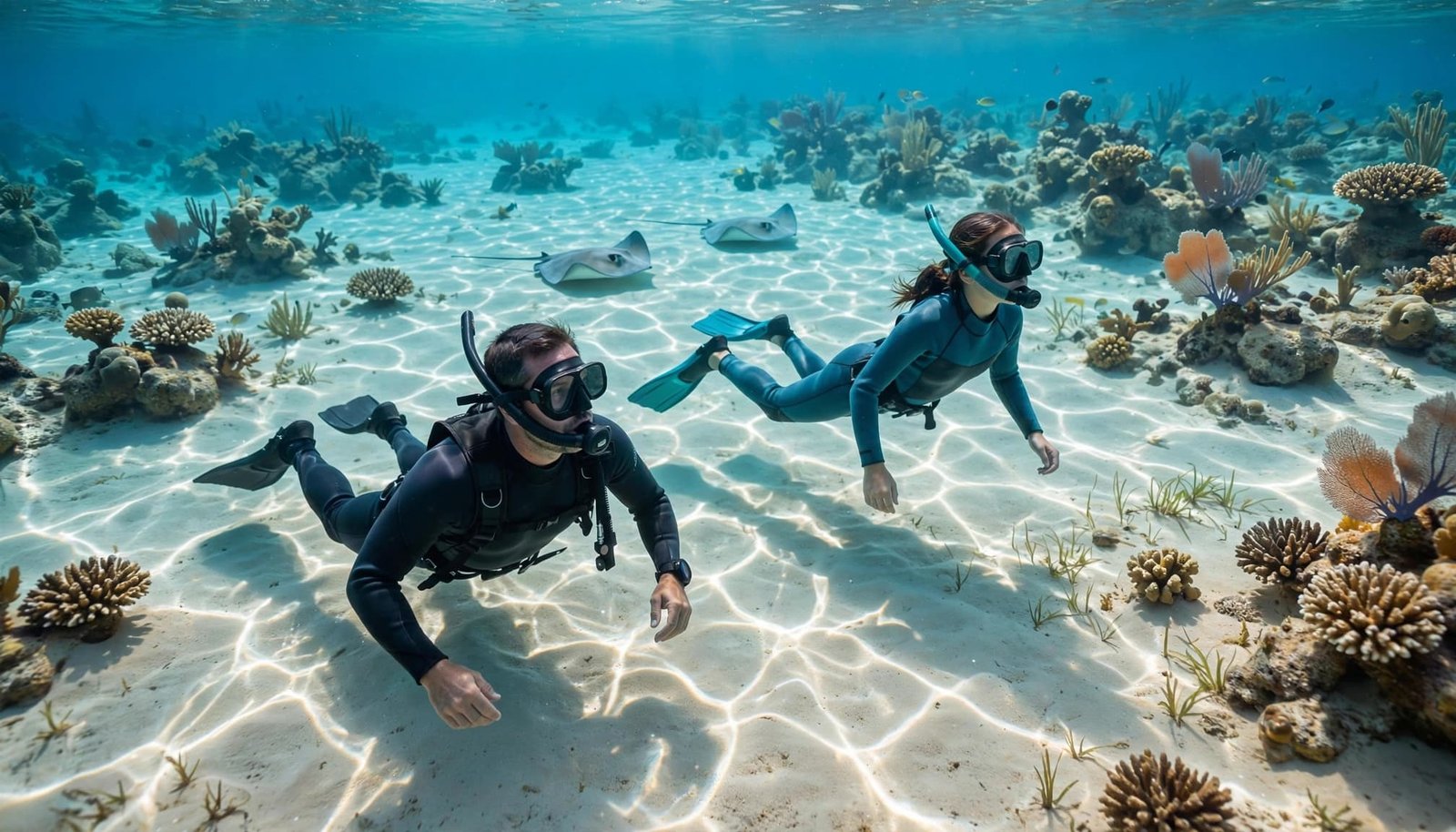 Two divers float above a sandy reef with coral, stingrays, and clear turquoise water.
