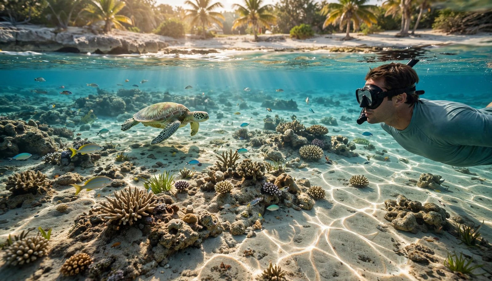 A snorkeler floats above a coral reef beside a green sea turtle and tropical fish.