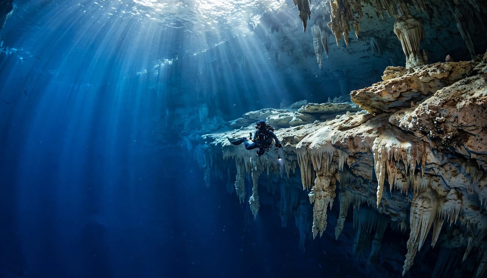 A diver explores the blue depths beside limestone formations and hanging stalactites.