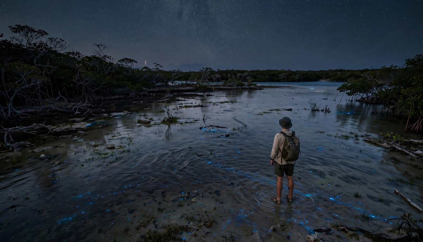 A traveler stands in glowing water beside a dark mangrove coast at night.