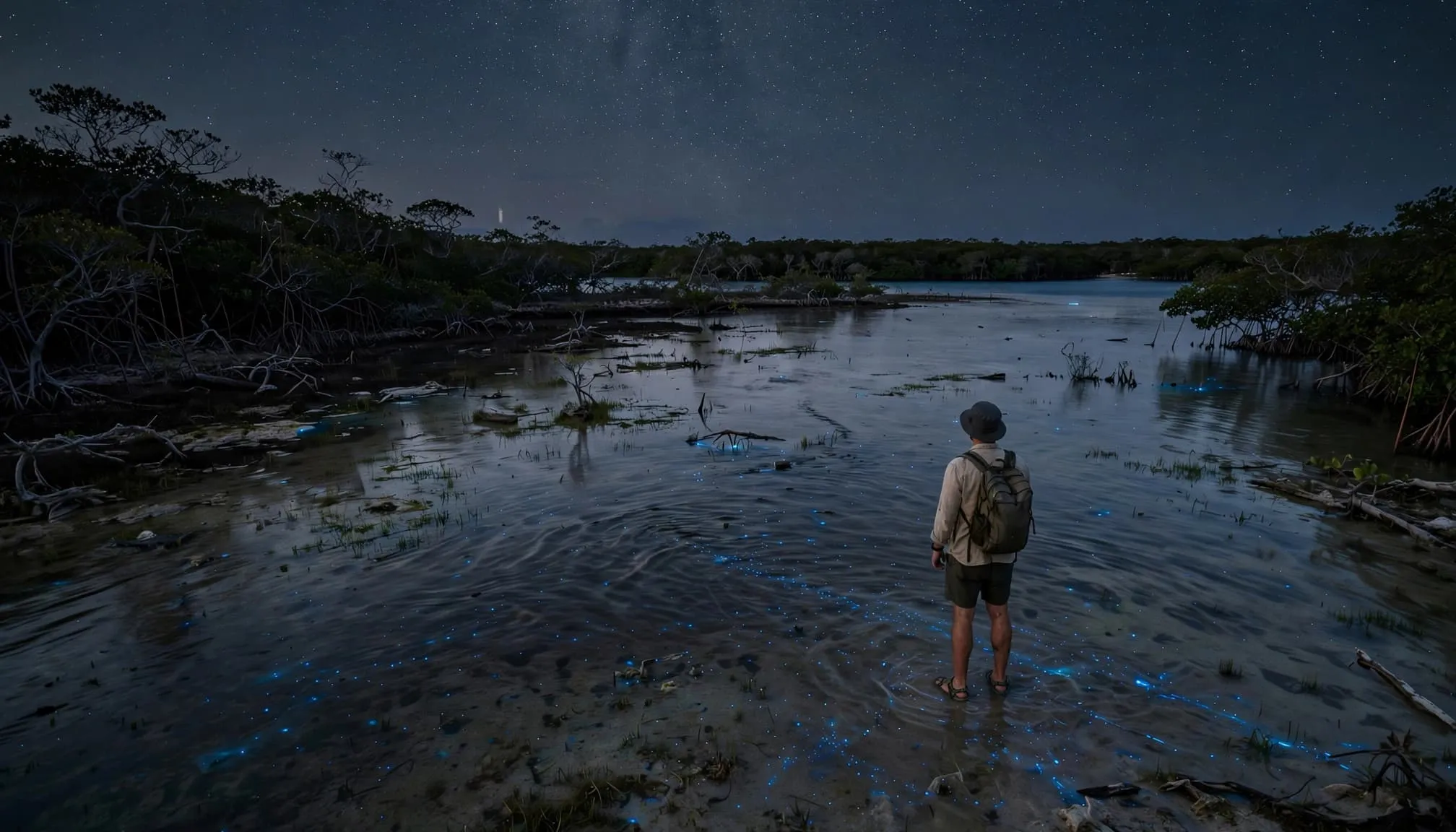A traveler stands in glowing water beside a dark mangrove coast at night.