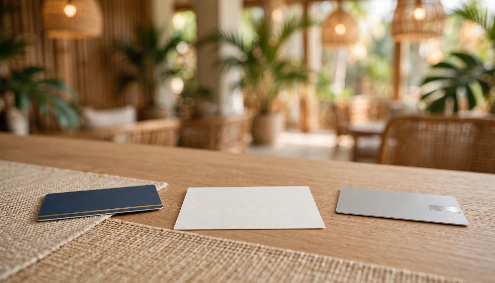 A key card, blank registration card, and bank card sit on a hotel counter.