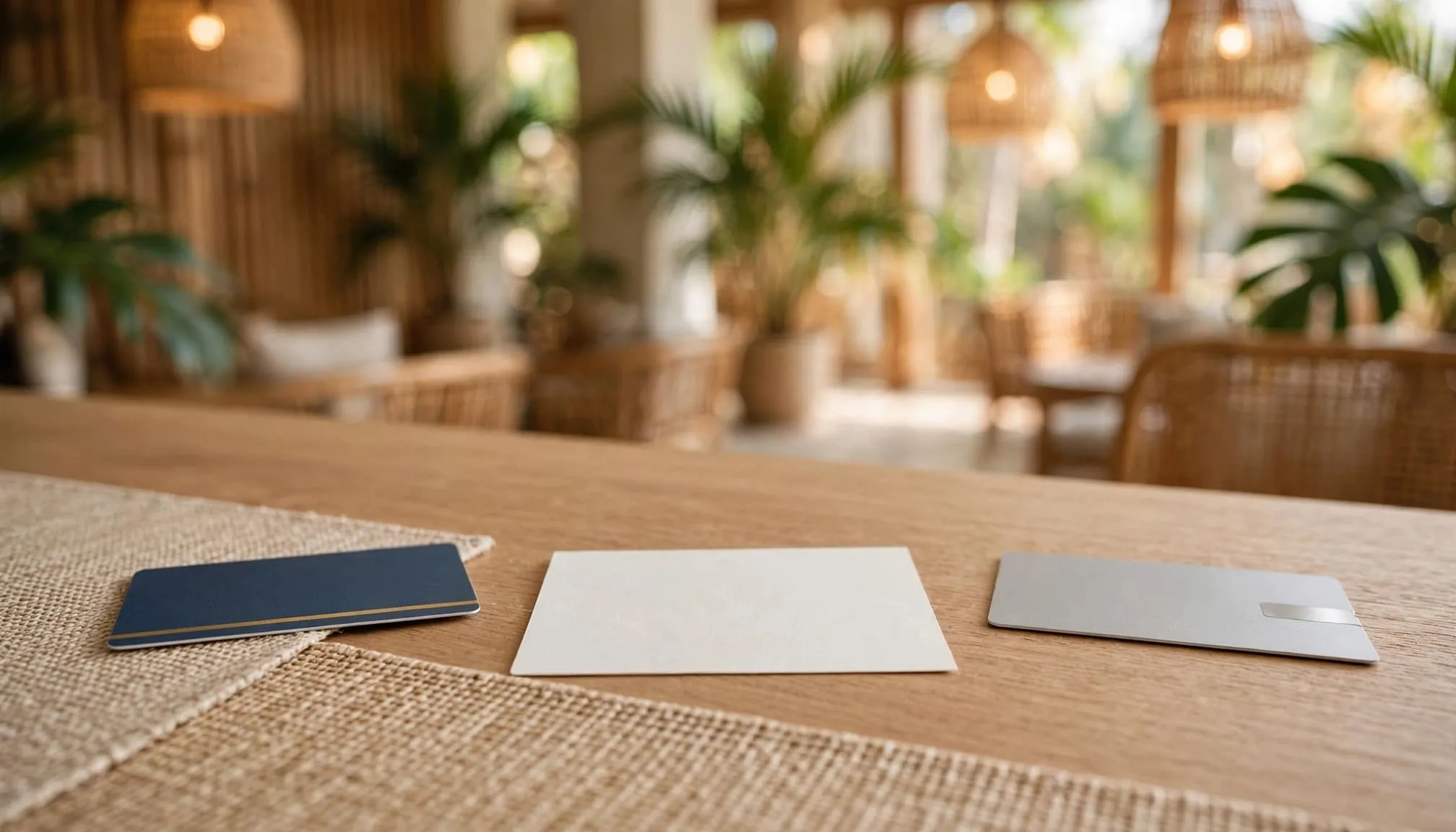 A key card, blank registration card, and bank card sit on a hotel counter.