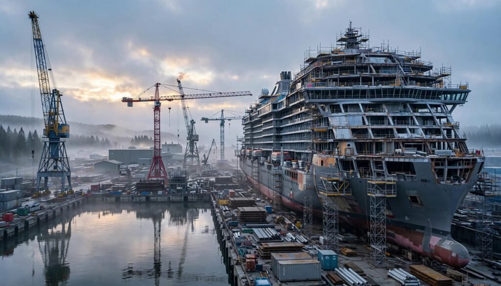 A massive cruise ship under construction beside cranes at a Finnish waterfront shipyard.