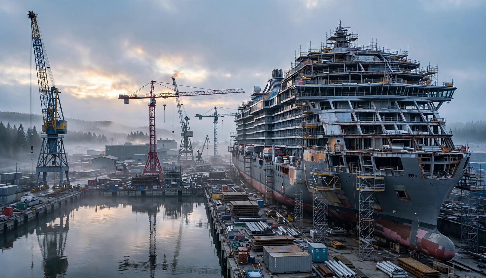 A massive cruise ship under construction beside cranes at a Finnish waterfront shipyard.