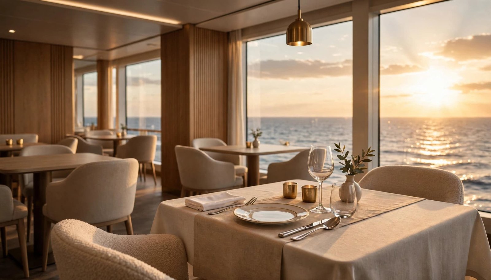 A set dinner table beside ocean-view windows in a refined cruise dining room.