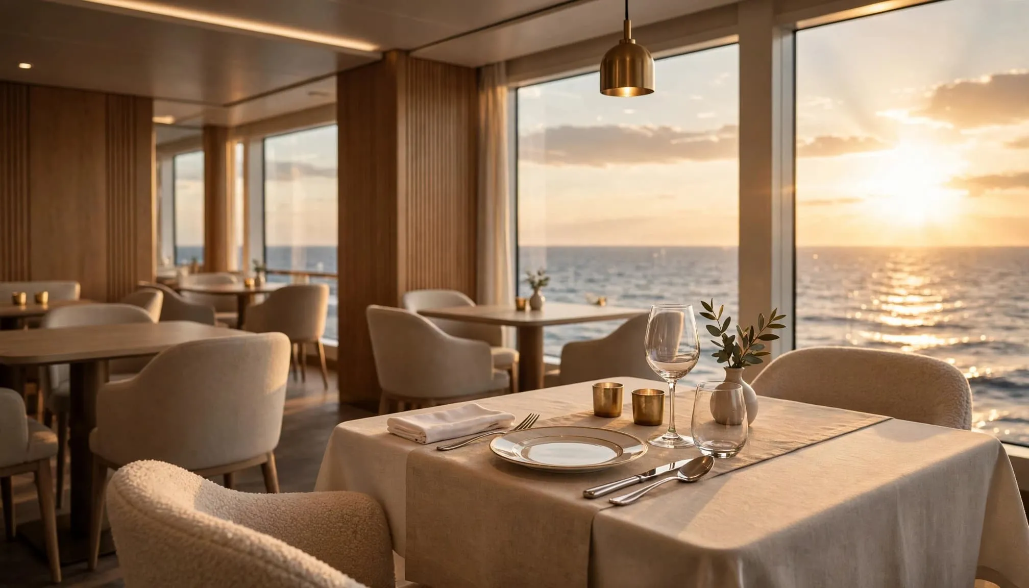 A set dinner table beside ocean-view windows in a refined cruise dining room.