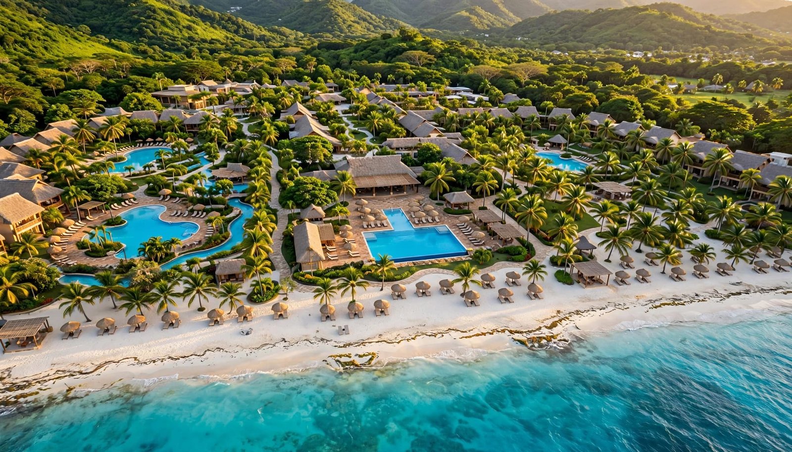 Elevated view of a Jamaican resort with pools, palms, beach, and turquoise sea.