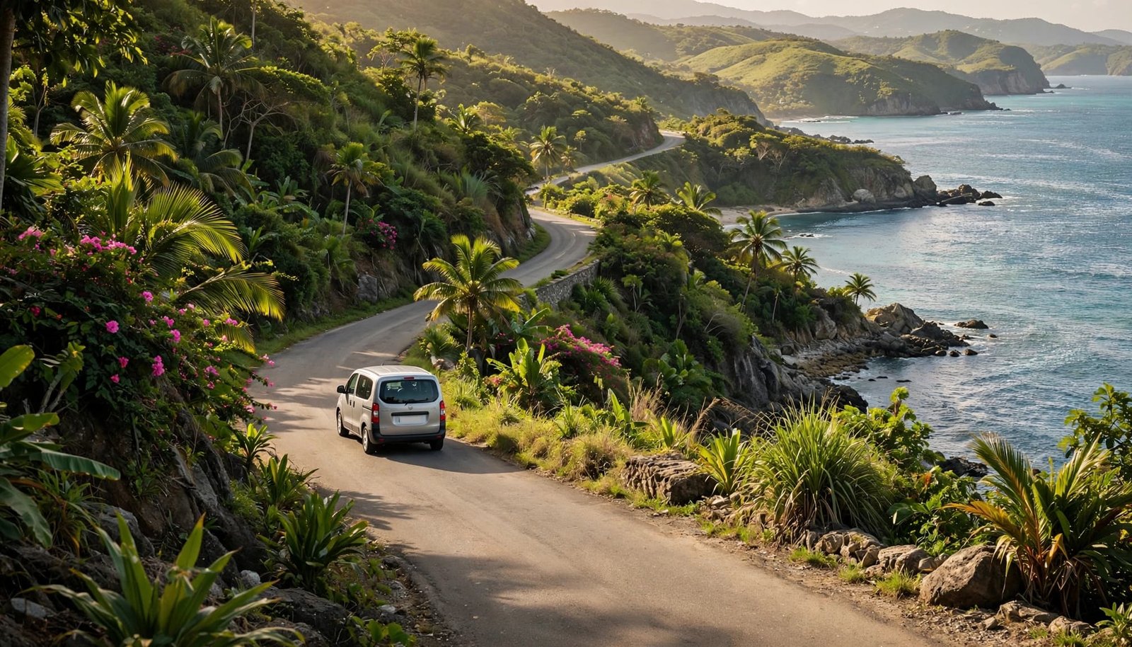A small transfer vehicle drives along a winding Jamaican coastal road beside the sea.