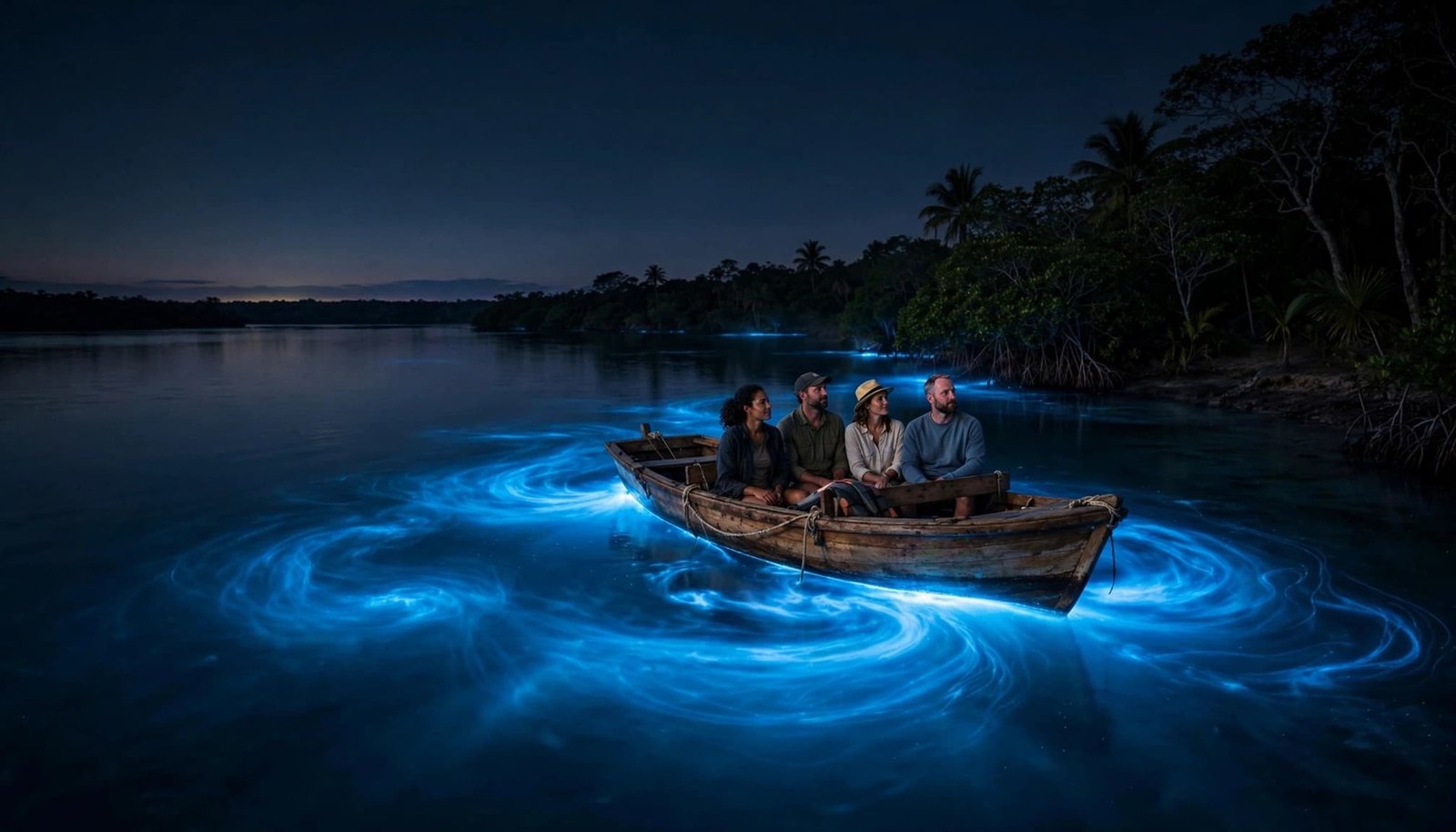 Four travelers ride a wooden boat across glowing blue water at night.
