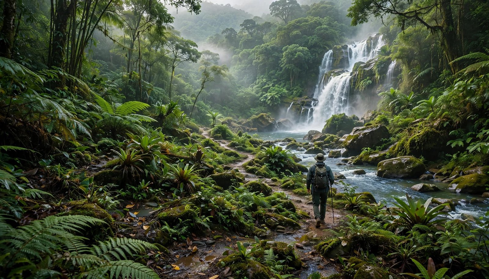 A hiker walks along a rainforest path toward a waterfall in Jamaica's Blue Mountains.
