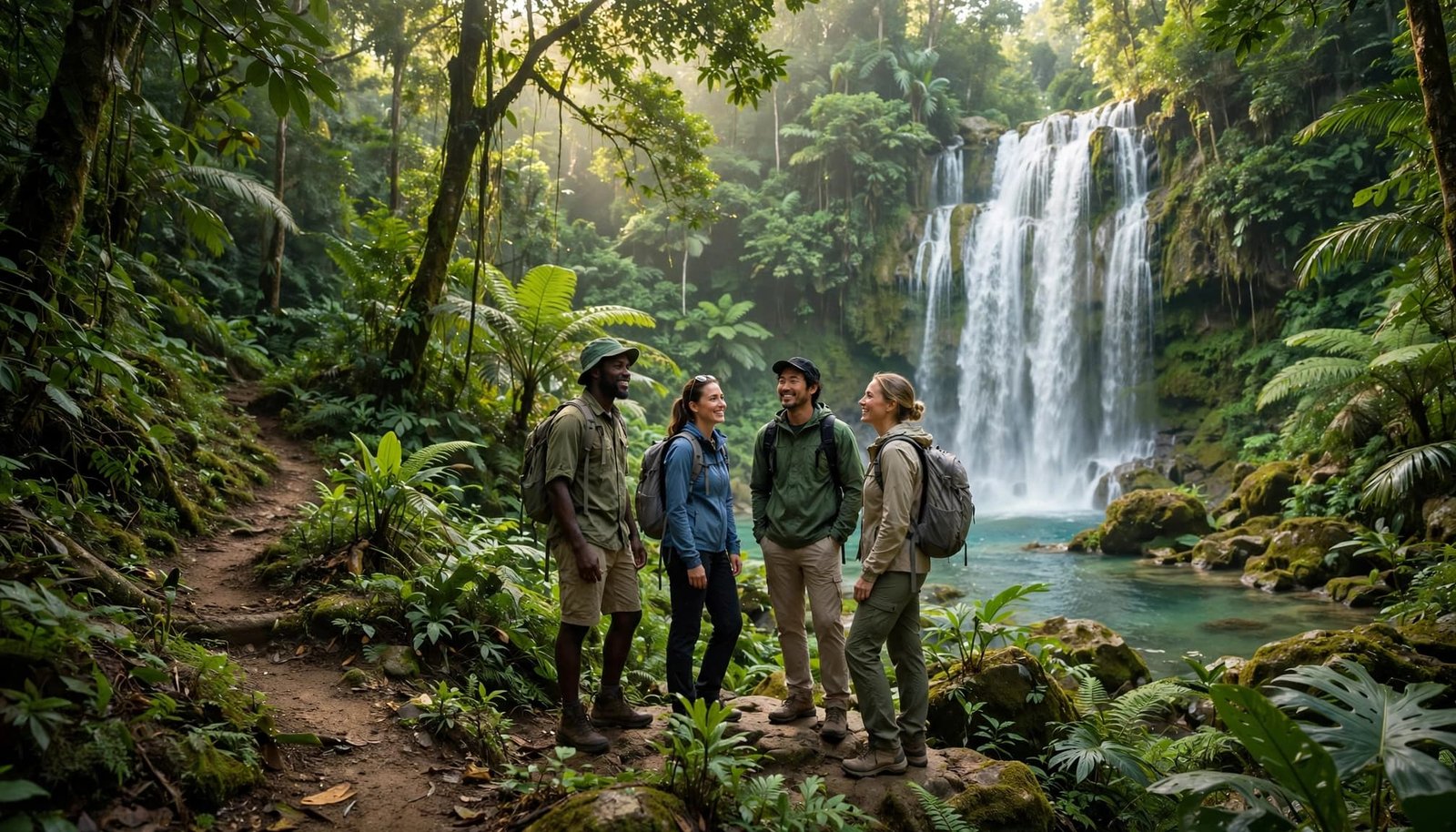 Three travelers and a guide admire a waterfall in Jamaica's lush rainforest.