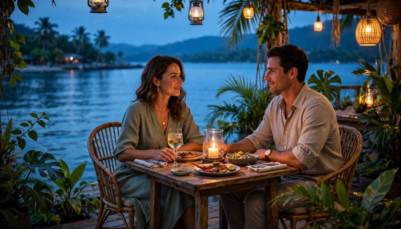 A couple enjoys dinner by lantern light beside the Jamaican waterfront at dusk.