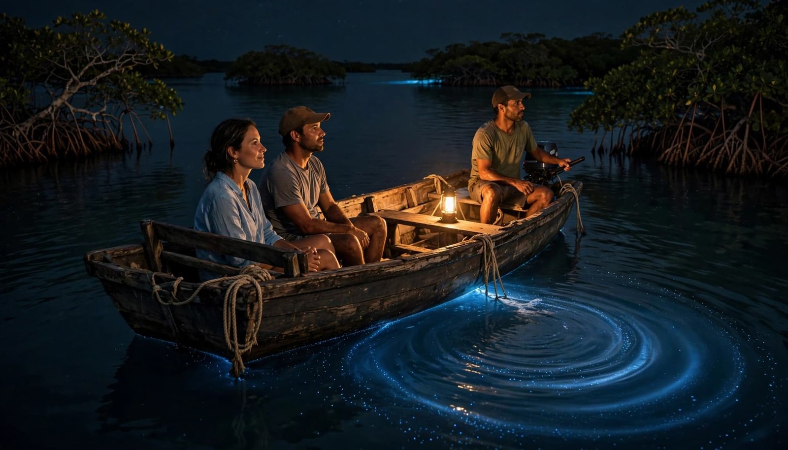 Two passengers and a boat operator travel past mangroves on dimly glowing water.