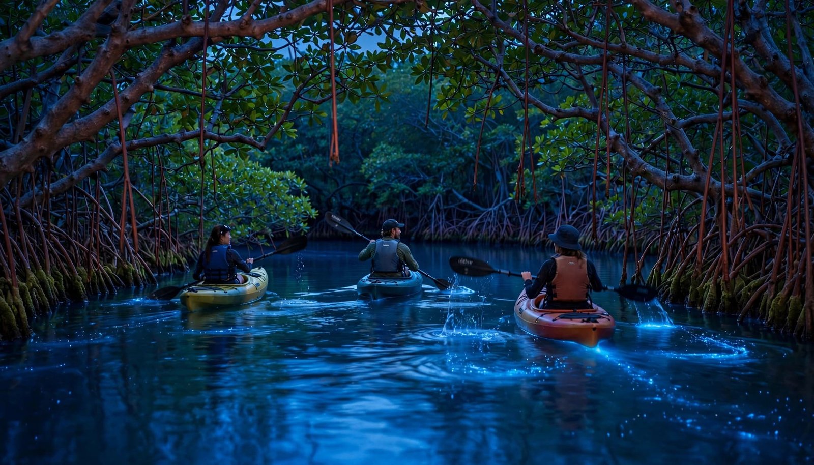 Three kayakers paddle through a twilight mangrove channel with faint blue water glowing around their paddles.