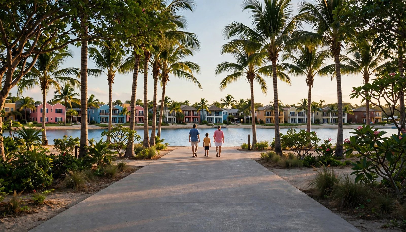 Three people walk along a palm-lined path toward a sandy shore and blue water.