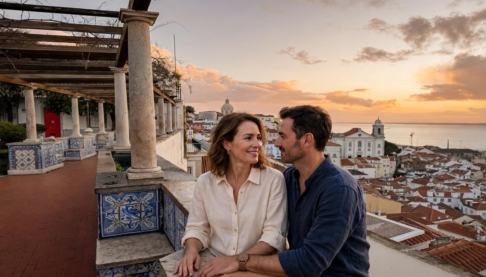 A couple embraces at a Lisbon viewpoint overlooking tiled rooftops and the Tagus River.