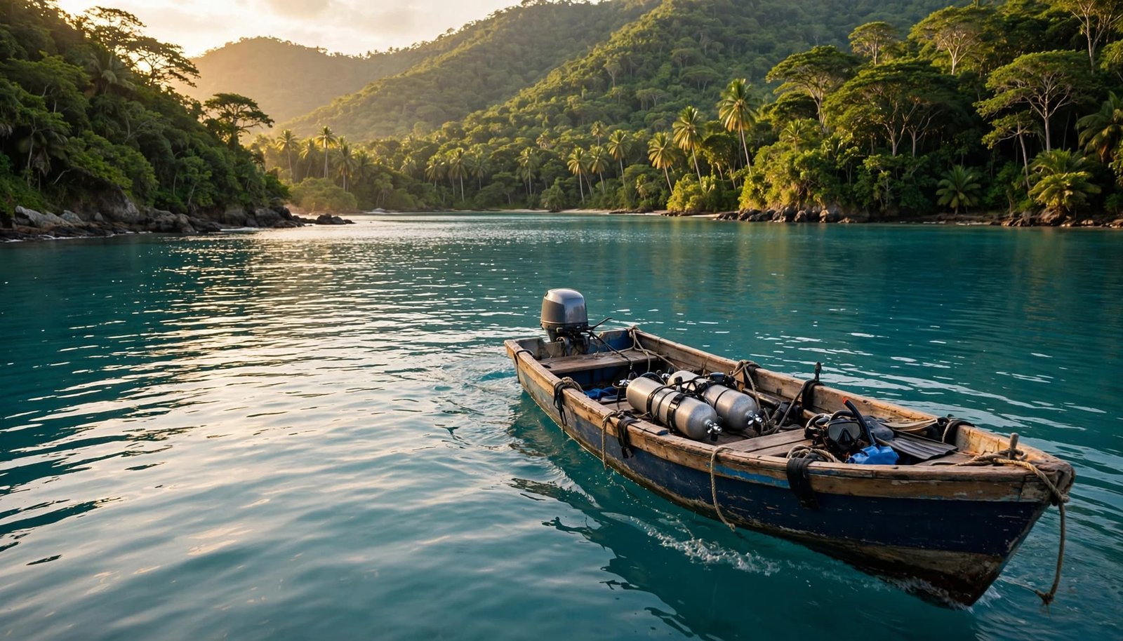 A small boat with two scuba tanks approaches a lush tropical bay.