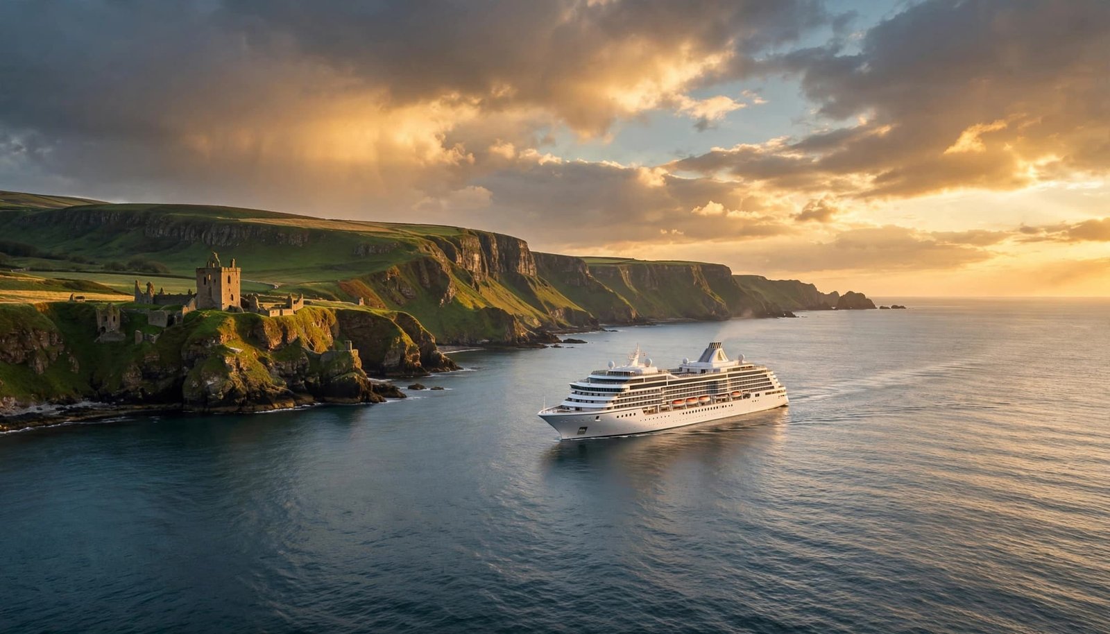 Luxury cruise ship sailing beside green cliffs on the British Isles coast.